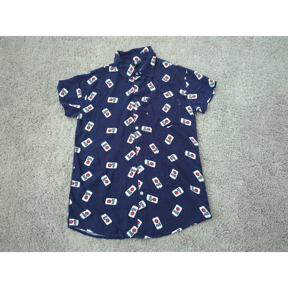 Miller Lite Shirt Mens Small Navy Button Up Short Sleeve All Over Print Beer